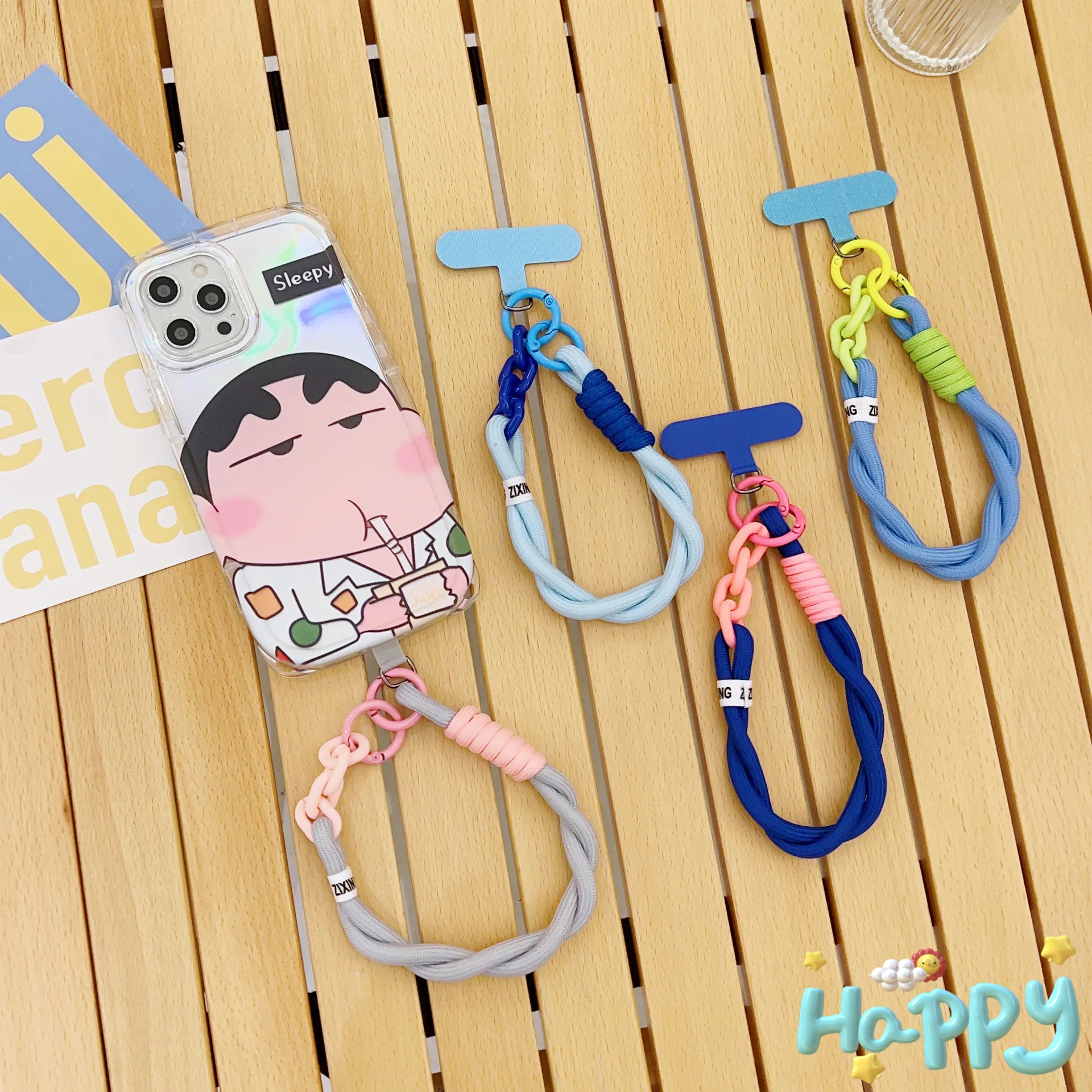 Aksesoris dekorasi casing ponsel yang berlaku, gelang dopamin, liontin warna dua sisi, tali pendek, kunci bundar