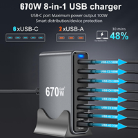 670W 8-port Multi-Port Desktop Fast Charger Station Adapter for Cellphones High speed charging for Laptop, for Iphone etc.