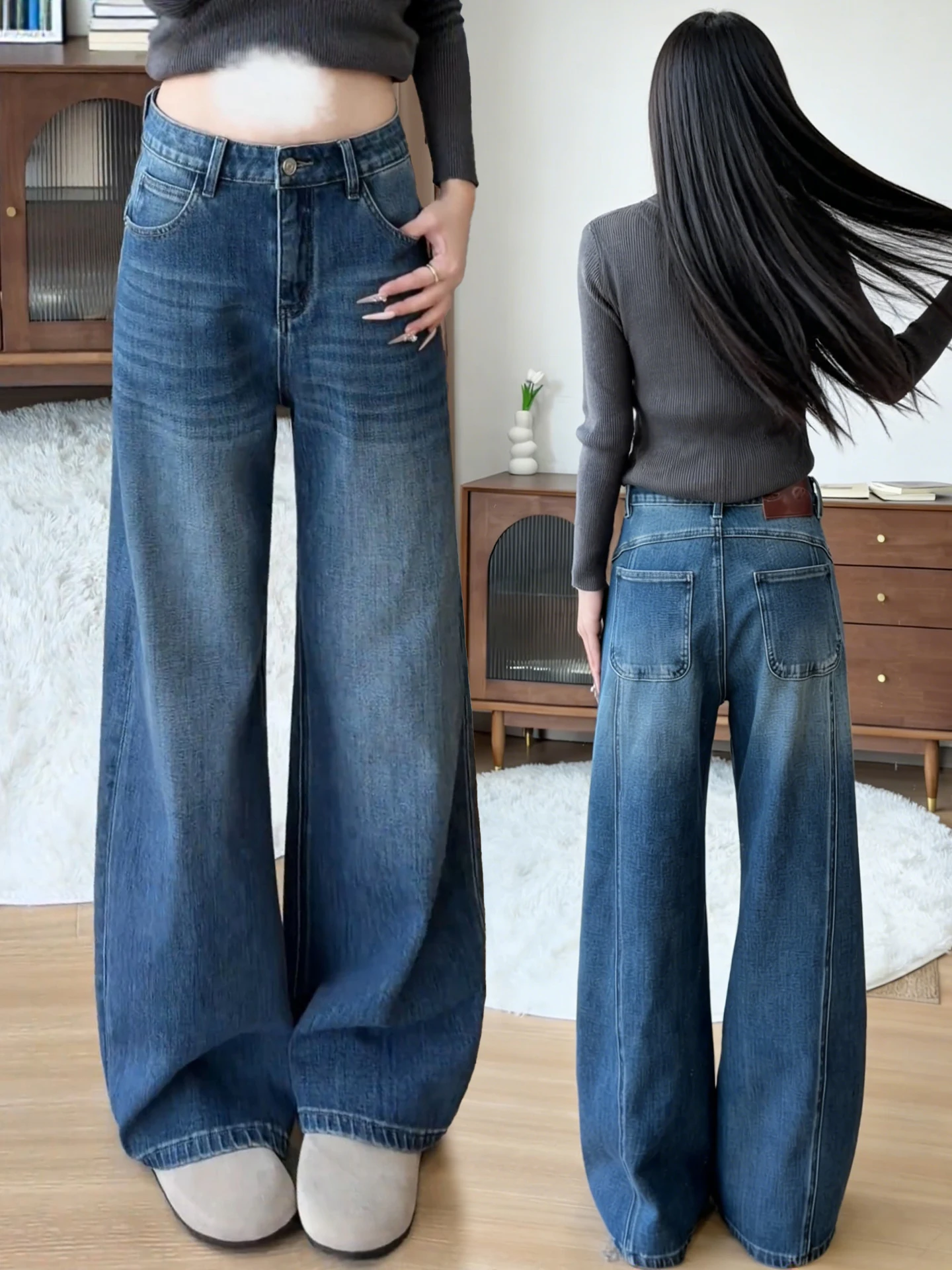 

High Waist Straight Leg Jeans Women's Spring Autumn 2026 New Popular Slimming Wide Leg Pants Casual Cotton Blend Denim