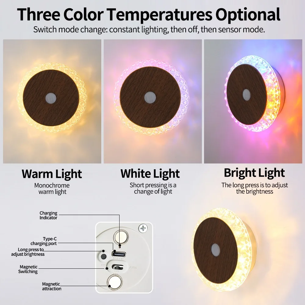 Smart Night Light Charging Human Sensor Wall Lamp Hotel Bedside Ambience Small Night Light No-Drill Wall Light Indoor Lighting
