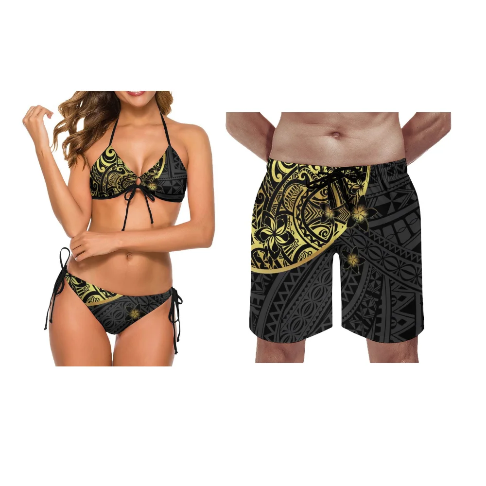 Customized Wholesale Couple'S Swimming Suits Polynesian-Style Women'S Halter-Neck Strap Two-Piece Bikini Men'S Beach Pants