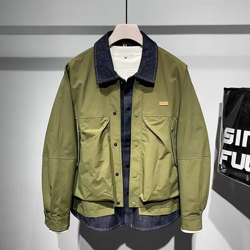 

Осень-зима, новинка, повседневная свободная мужская джинсовая лоскутная куртка, модный топ, молодежная верхняя одежда, искусственное пальто из двух предметов