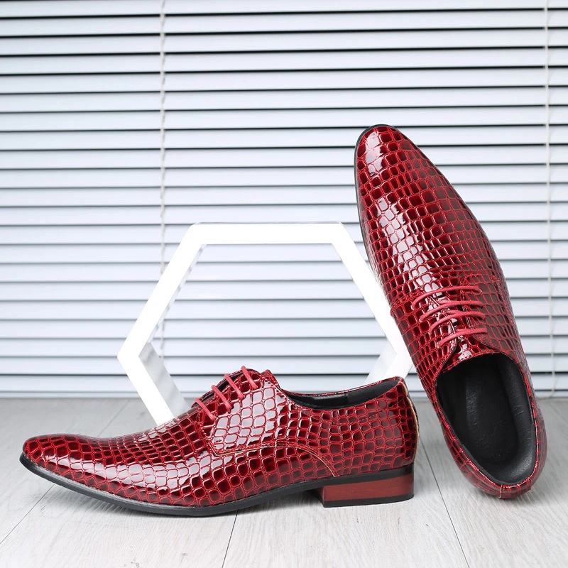 

Wine Red Crocodile Embossed Pointed Toe Formal Leather Shoes Lace Up Business Oxfords For Groom Wedding Party Big Size Footwear