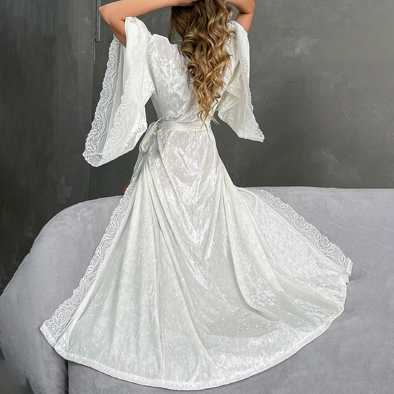 

Big Lace Trim Kimono Autumn Winter Bride Wedding Party Dress Velour Sleepwear Women Warm Home Dressing Gown Kimono Bathrobe