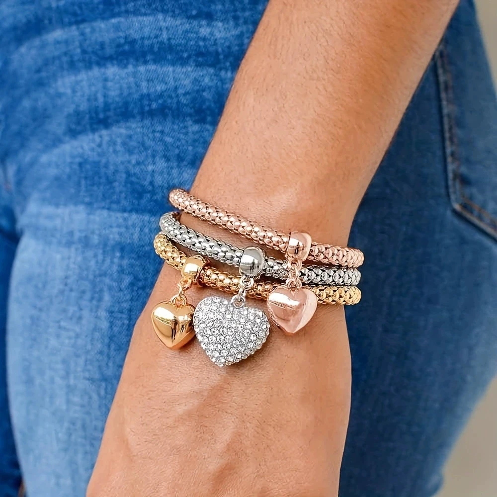 3Pcs Fashion Heart Bracelet Set For Women Crystal Owl Lock Key Music Sign Butterfly Elephant Charm Bangle Party Jewelry Gift