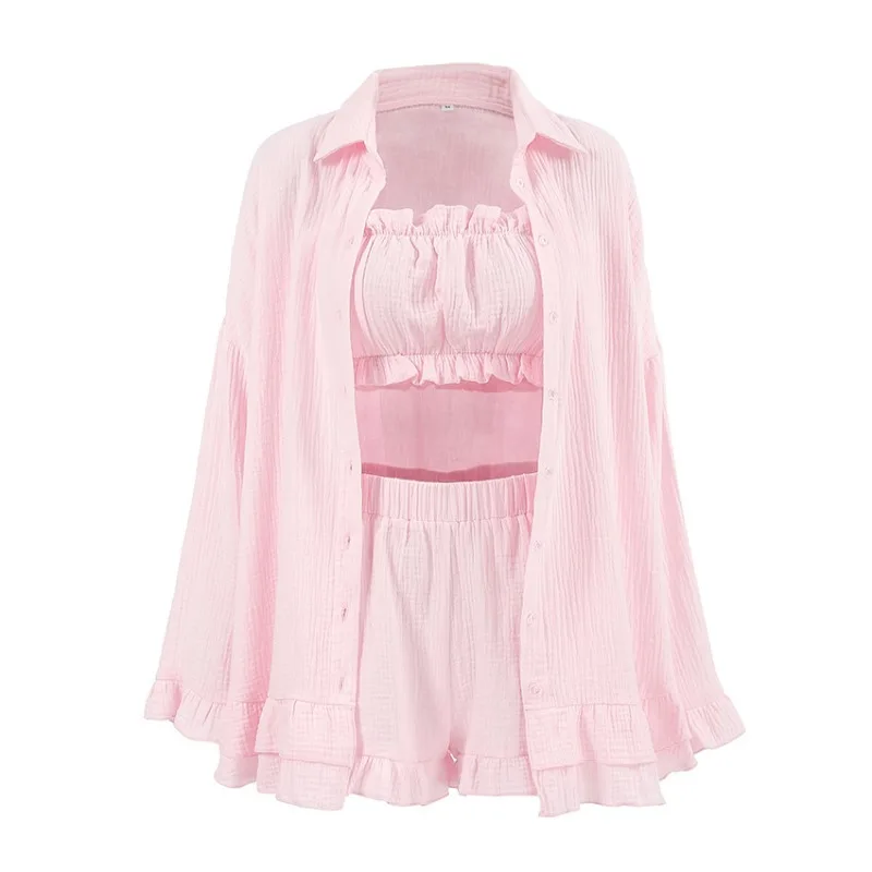 Long Sleeves Shorts Pajamas Three-piece Set Autumn Pure Cotton Home Wear for Women Turn-down Collar Ruffled Loose Underwear