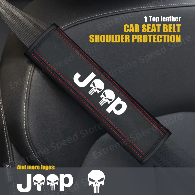 For Skull Emblem Wrangler Renegade Patriot Liberty Leather Car Seat Belt Cushion Safety Belt Shoulder Protector Pad Accessories