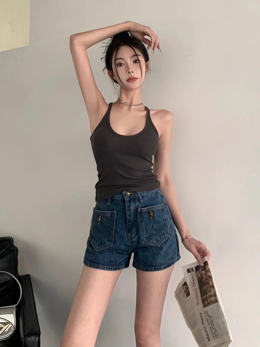 ReddaChic Plain High Waist Wide Leg Denim Shorts Women Vintage Blue Button Decor Pockets Jeans Short Pants Korean Summer Clothes