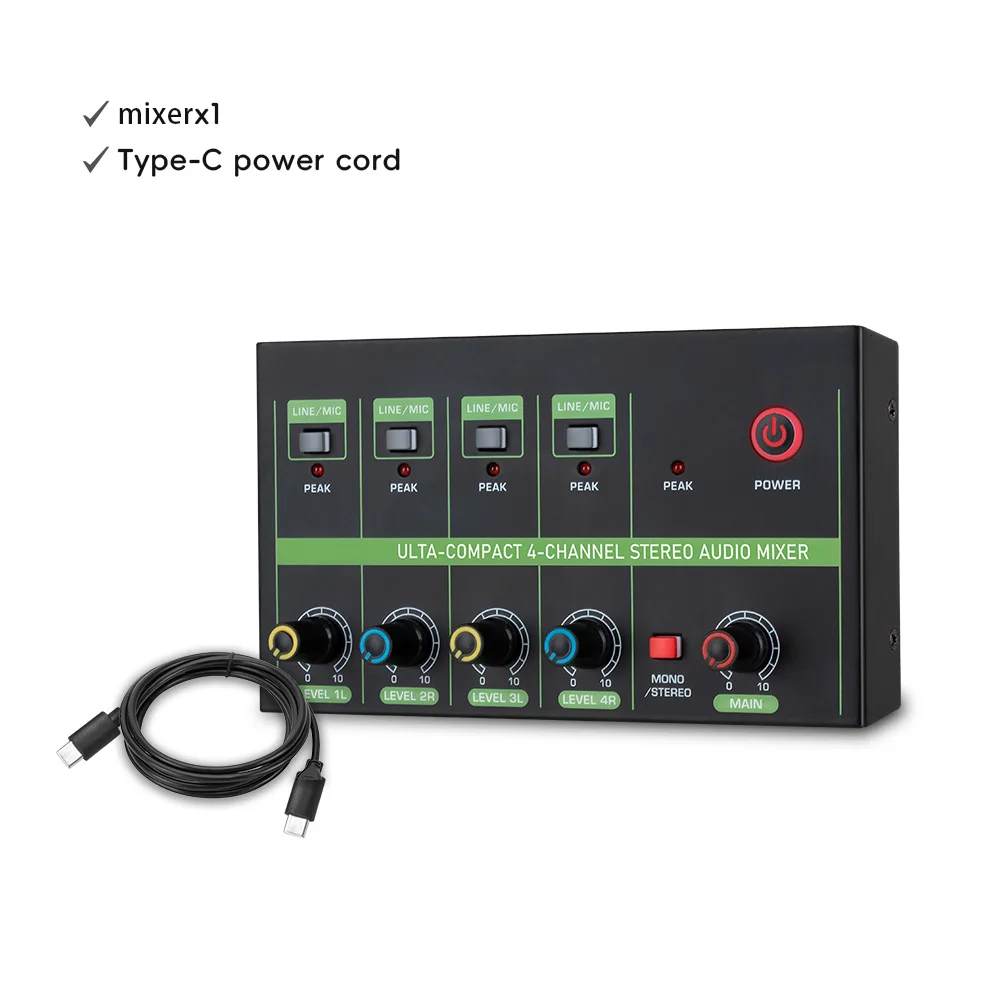 4 Channel Audio Mixer Microphone Low-noise Mono Stereo Line Mixer LINE/MIC Mode Switching for Wired Microphones Electronic Piano