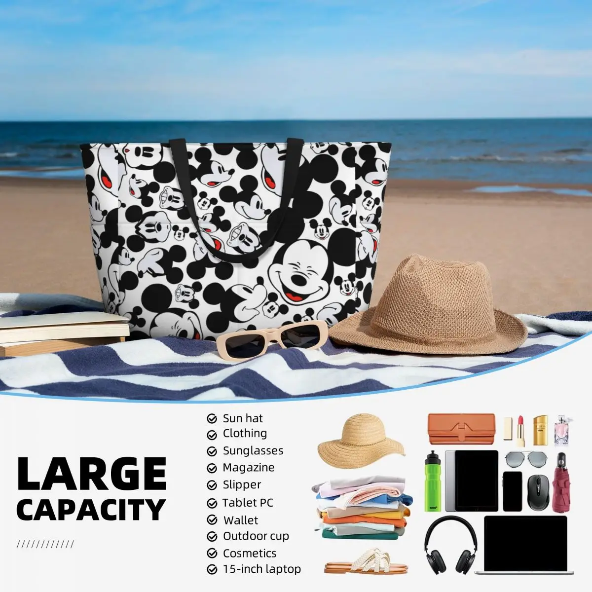 Custom Mickey Mouse Faces Beach Tote Bag Women Extra Large Gym Carry On Cartoon Travel Shopping Bags