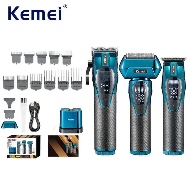 Kemei Professional Hair Clipper Combo Rechargeable Cordless Hair Trimmer Electric Foil Shaver Hair Cutting Machine Razor for Men