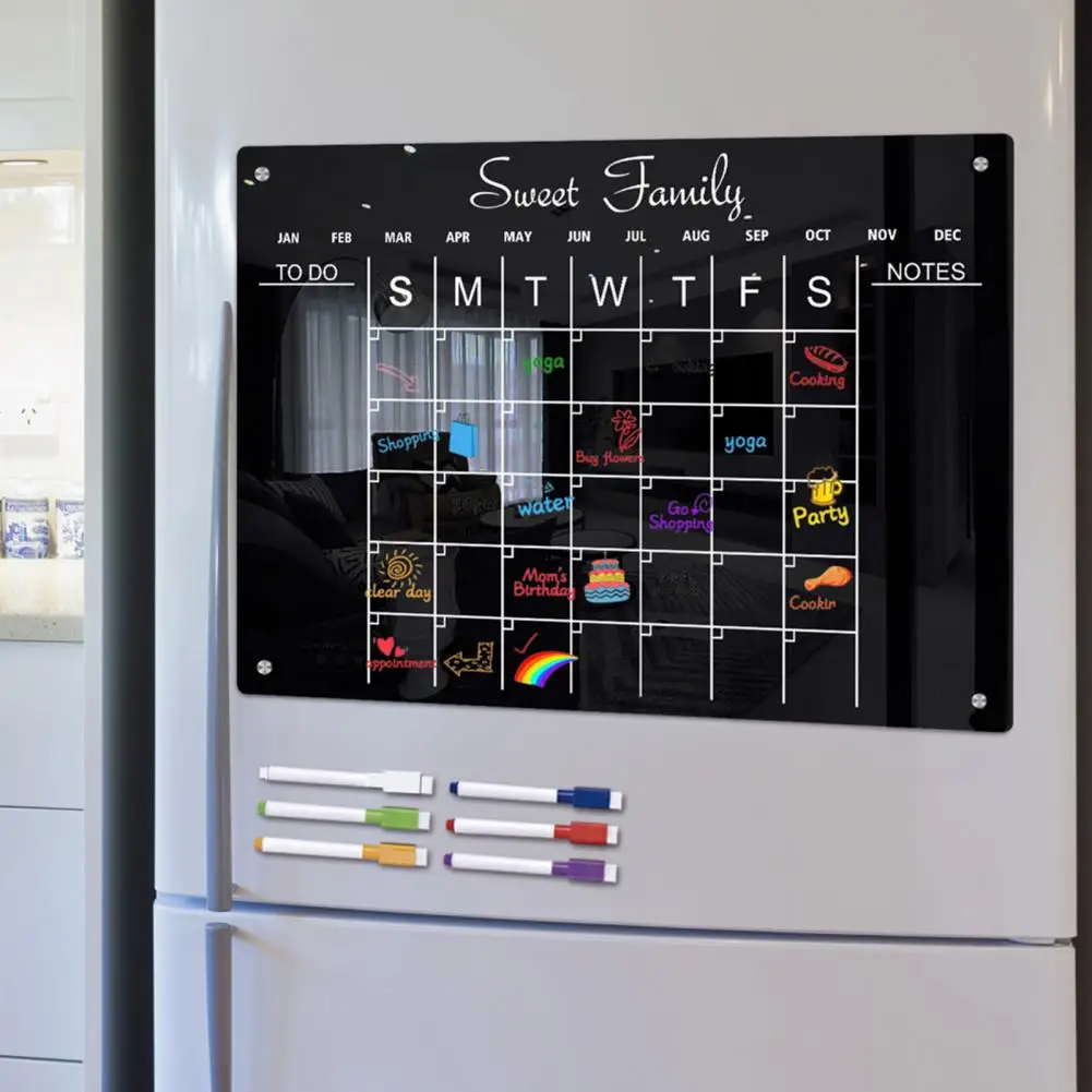 กระดานไวท์บอร์ดกระดานไวท์บอร์ดแม่เหล็กพร้อมแม่เหล็กติดตู้เย็นรายสัปดาห์สีดำปฏิทินสีดำ