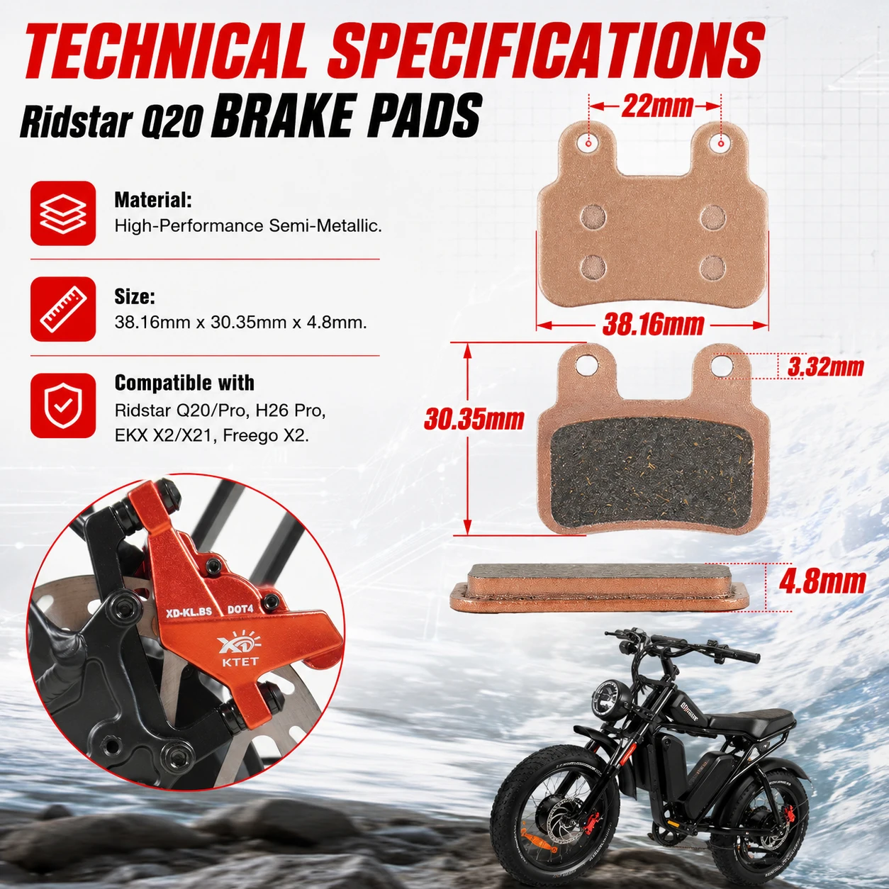 Ridstar Q20 Brake Pads Semi-Metallic 2 Pairs for KTET XD-KL.BS 2 Piston Caliper Ebike Motorbike Disc