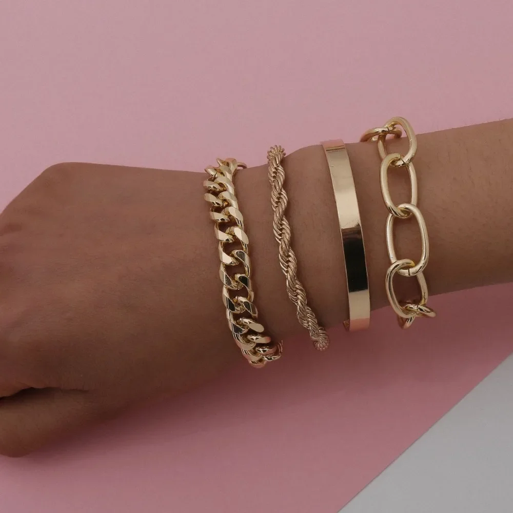 4pcs Set Trend Personality Geometry Smooth C-shaped Bangles Mixed Weave Twist Figaro Chain Bracelets for Women Charm Jewelry Set