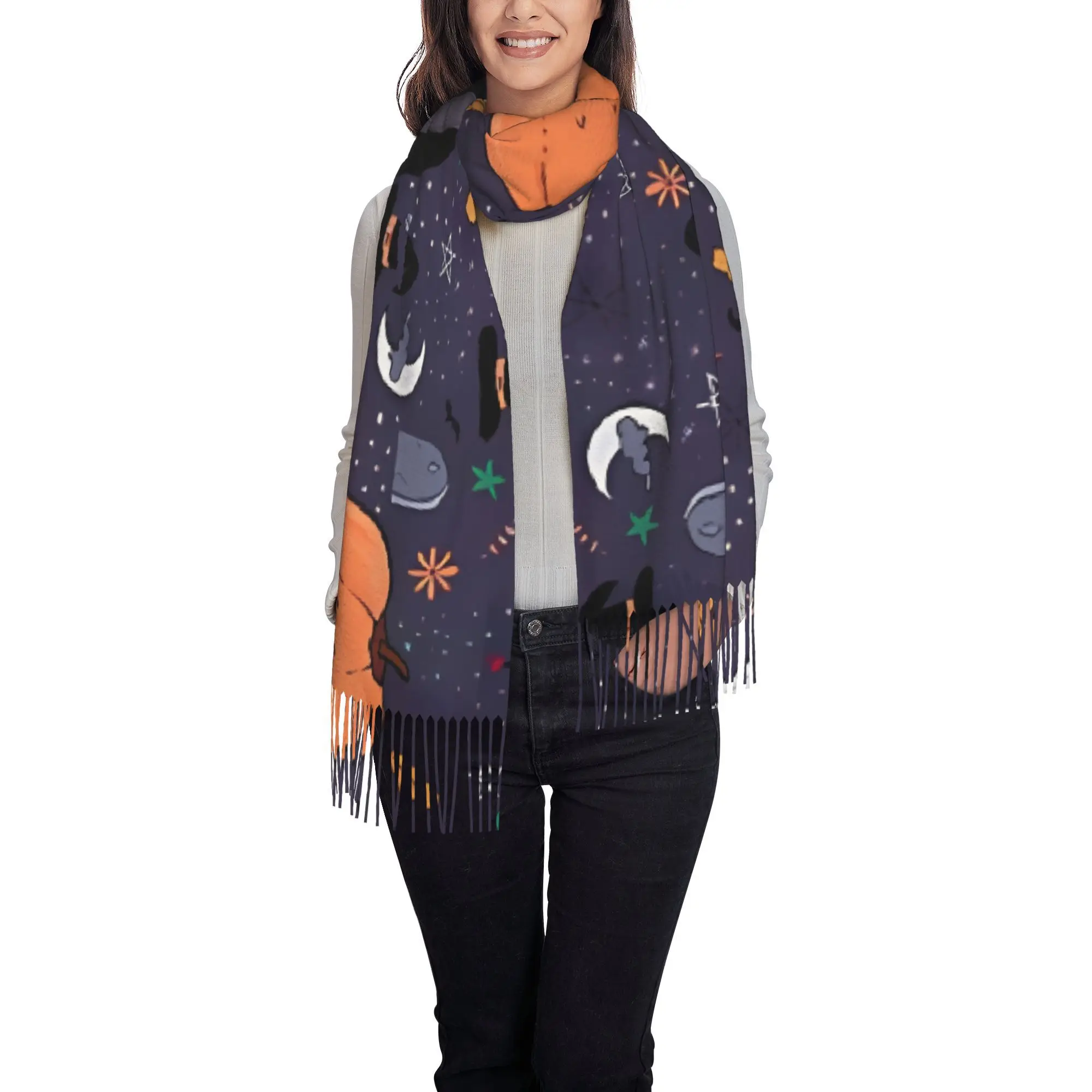 1pc of a Beautifully Designed Halloween-Themed Scarf for Autumn And Winter, Featuring Tassels, Perfect As a Gift for Christmas