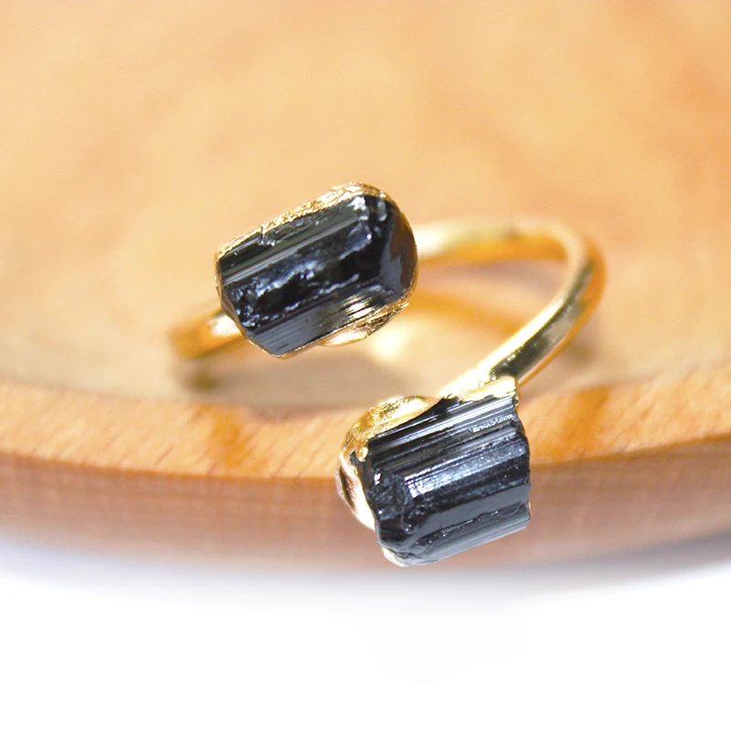Irregular Black Tourmaline Rough Stone Open Ring Golden Handmade Finger Jewelry Adjustable Size