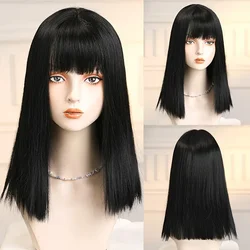 Black Straight Synthetic Wigs With Bangs Short Black Fake Hair Natural Wigs for Women Lolita Daily Heat Resistant Fiber Wig