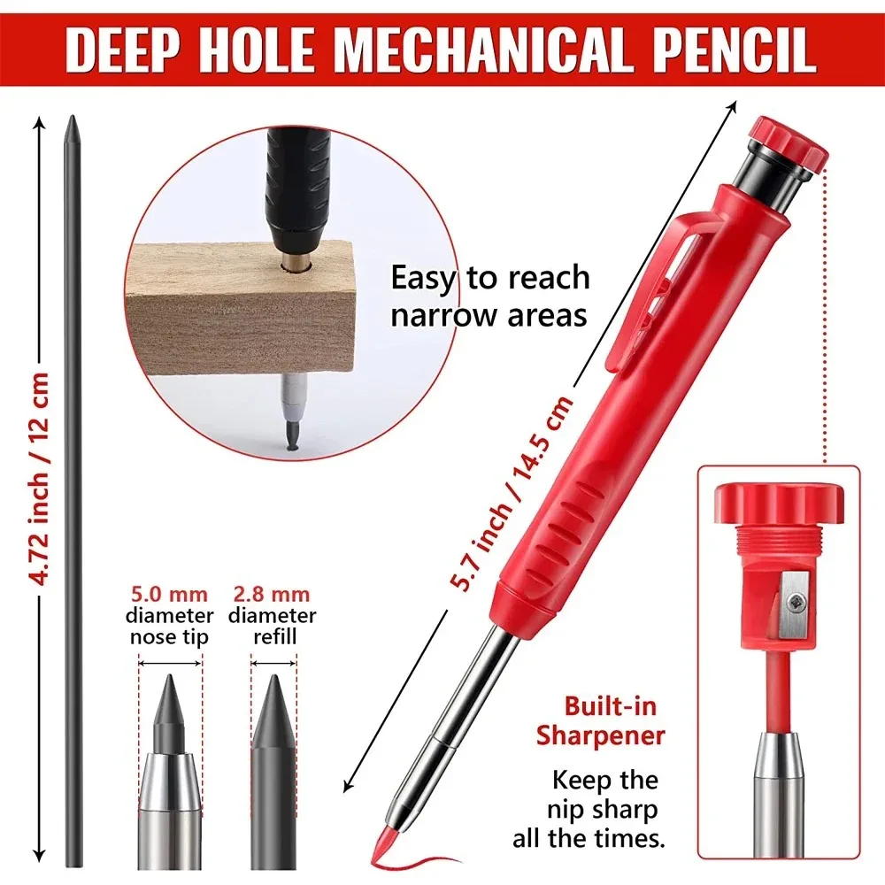 

Solid Carpenter Pencil with Refill Lead and Built-in Sharpener for Deep Hole Mechanical Pencil scribing Marking Woodworking Tool