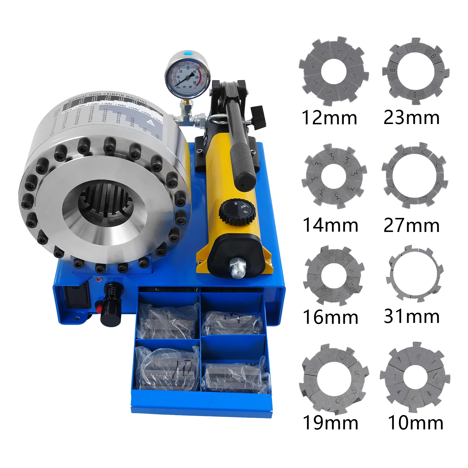 

Hand Hydraulic Hose Pipes Crimping Tool with 8 Sets of Dies 10mm 12mm 14mm 16mm 19mm 23mm 27mm 31mm