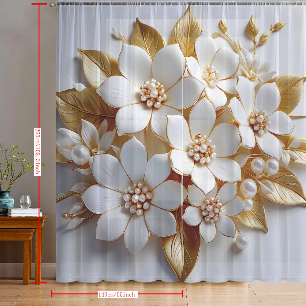 2PCS Home decoration yellow and white floral printed window screens with pole bags, suitable for kitchens, cafes, living room