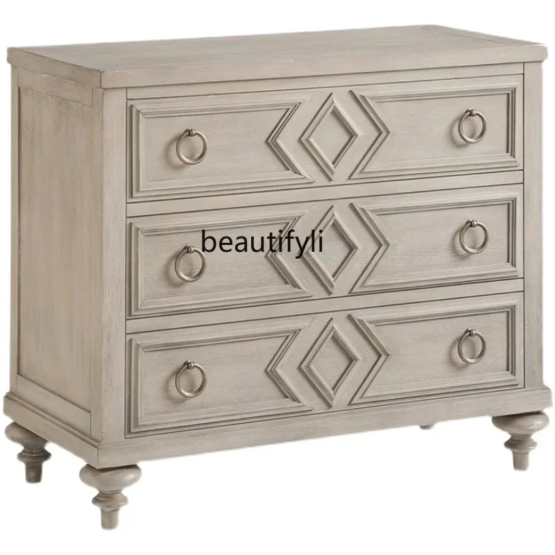 

French retro white bedside table bedroom bedside table American designer solid wood storage rack53