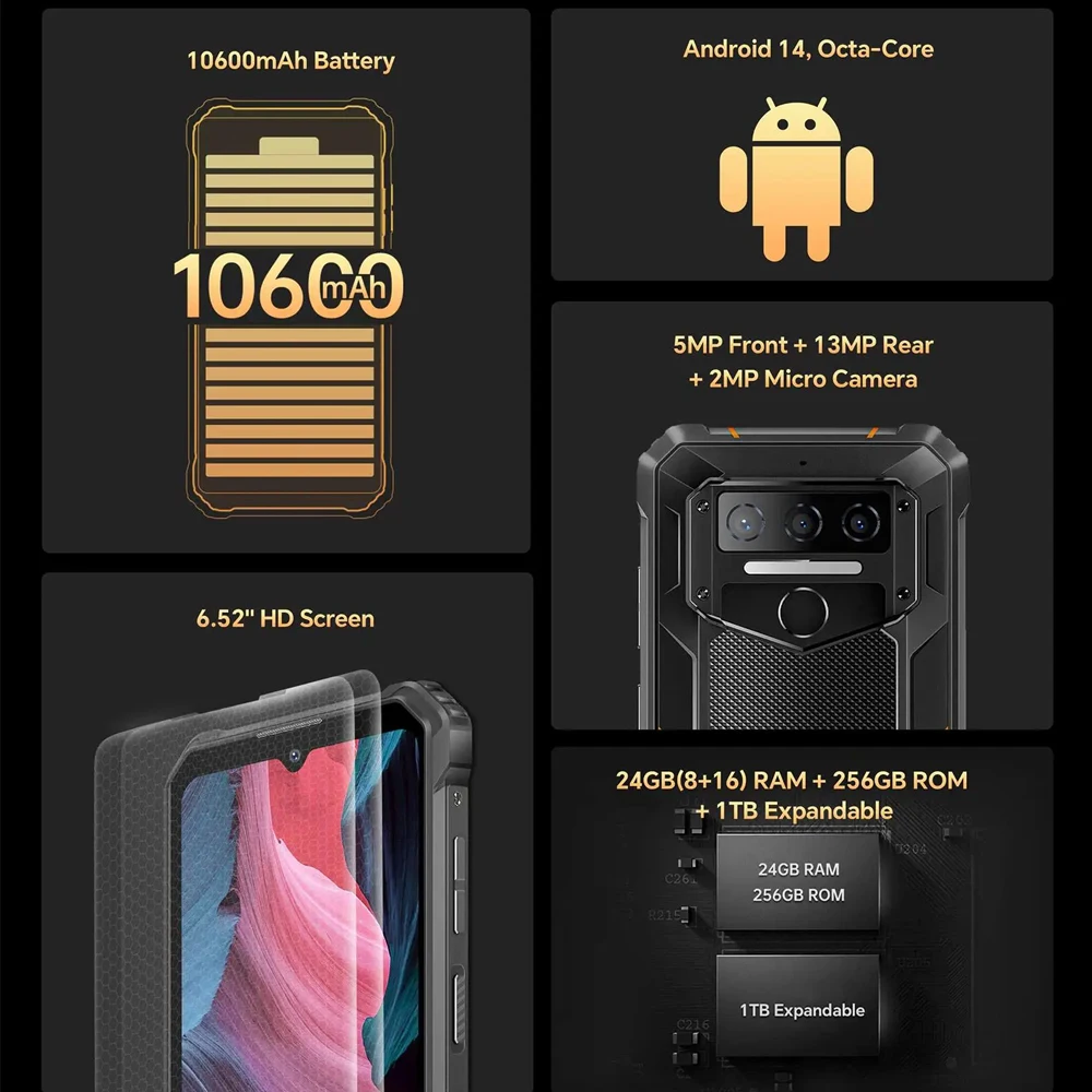 Oukitel WP23 Plus 4G Rugged Smartphone Android 14 6.52"  8GB+256GB Unisoc T606 Octa-core Mobile Phone 10600mAh Battery 13MP NFC