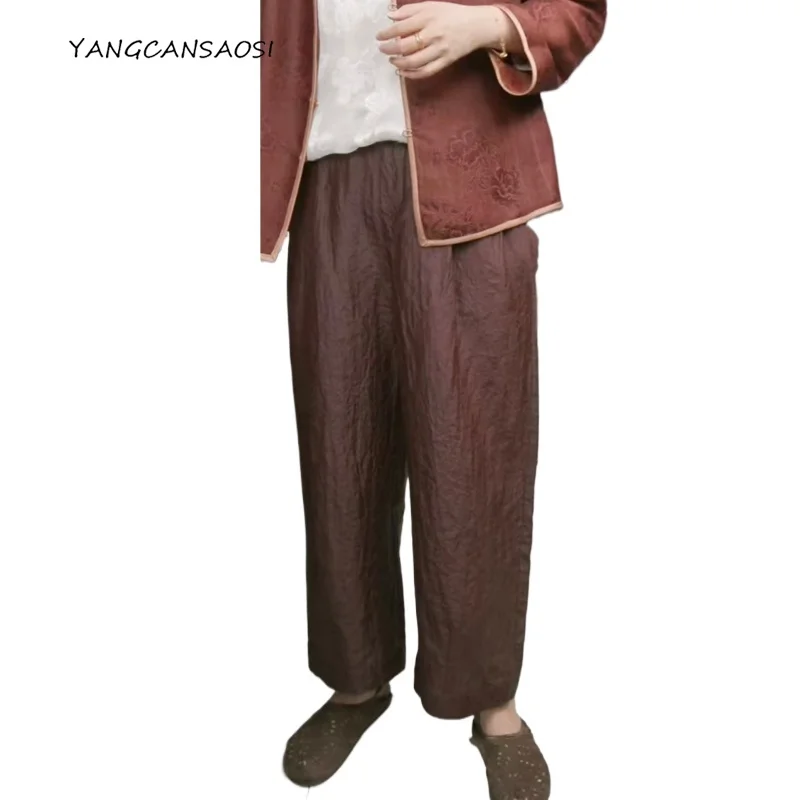 

Women's Deep Brown Paper Crepe Elastic Waistband Pleated Design 100% Natural Mulberry Silk Red Cloud Yarn Casual Pants