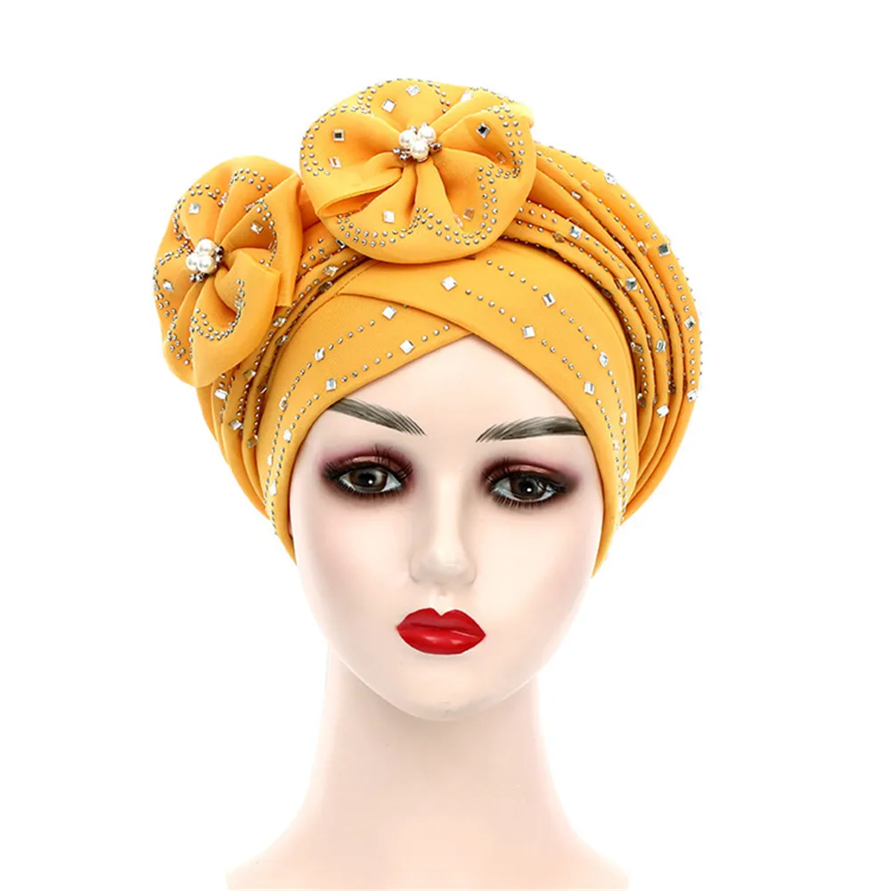 Fashion African Autogele Headtie Nigeria Party Headgear Women Head Wraps Female Turban Cap with Diamonds