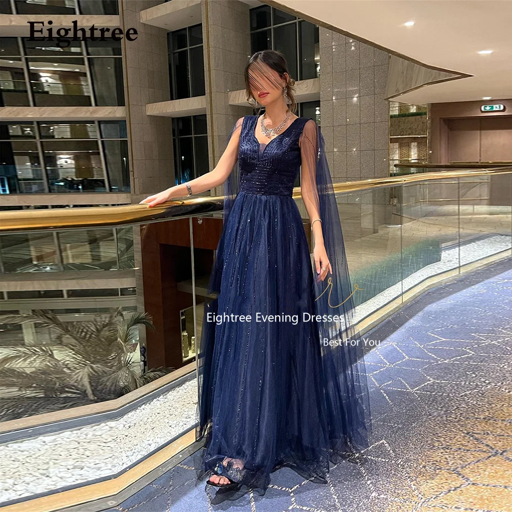 

Eightree Abendkleider Dubai Tulle Evening Dresses Long A Line Navy Blue Sequined Sweetheart Vestidos De Fiesta Elegantes Para