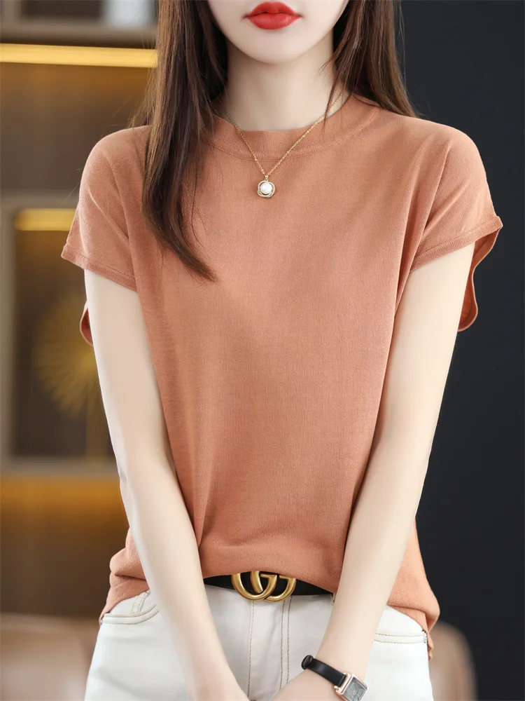 French Sle Ice Silk Knitted ort Sve T-irt Women's Summer Thin round Ne Svel Top oulder Drop T-irt Ladies...