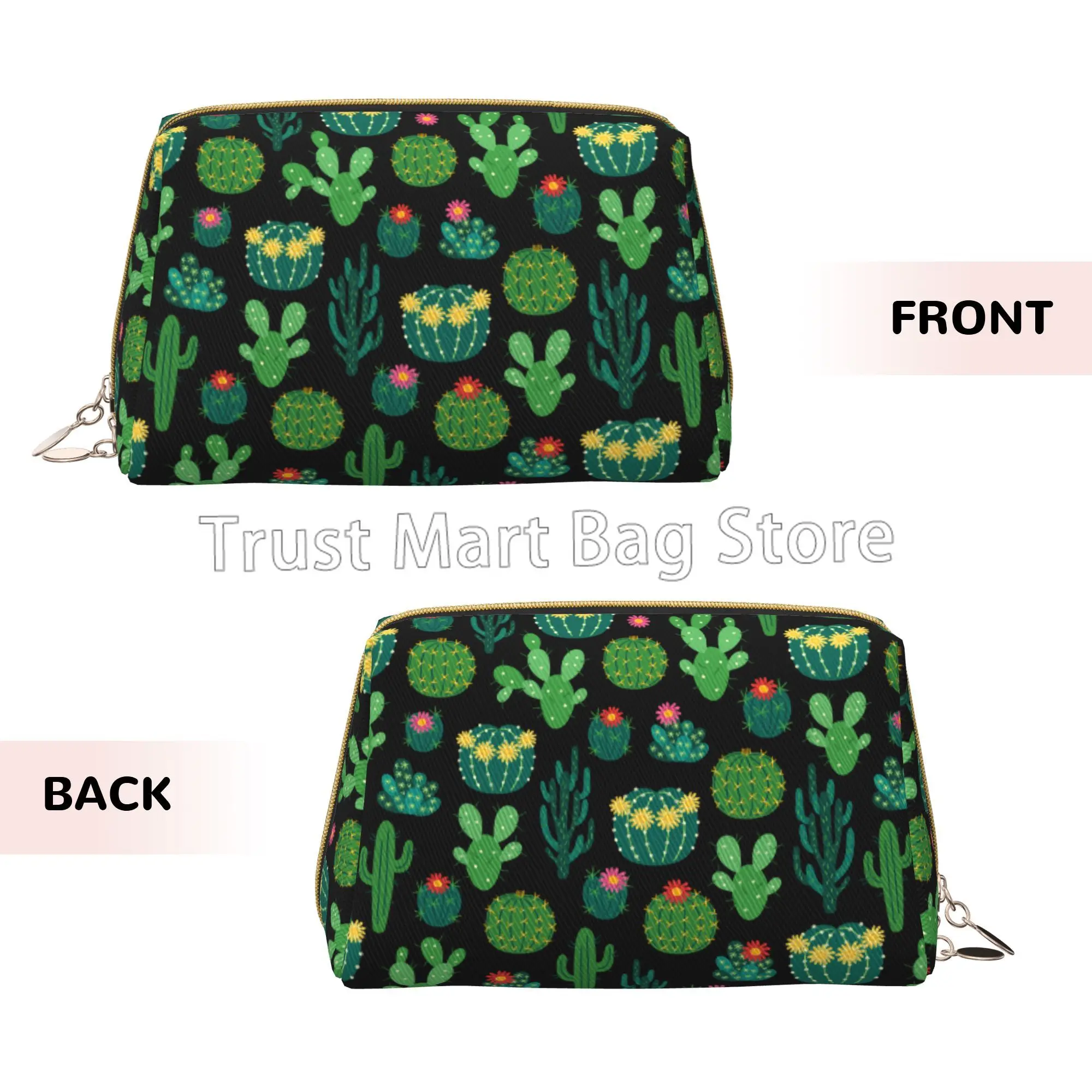 Fresh Blooming Cactus Green Floral Print Cosmetic Organizer Leather Women Travel Toiletry Pouch Cosmetic Bag Portable Makeup Bag