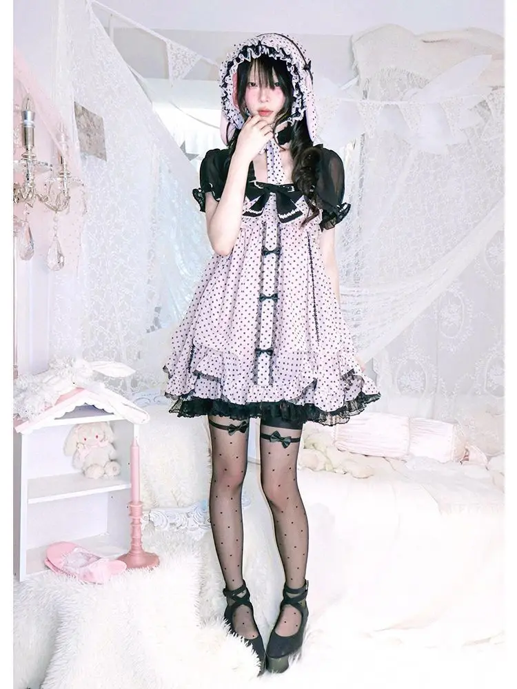 Japnese Kawaii Lolita Strap Mini Dress Pink Dot Print Velvet Bow Tiered Ruffle Black Lace Hem Daily Streetwear Outfit Women 2026 view 6