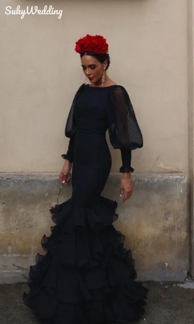 Vestido de Flamenco negro para mujer traje de sirena lunares negros ilusion de malla falda con volantes Retro Palacio espanol vestidos de fiesta AliExpress