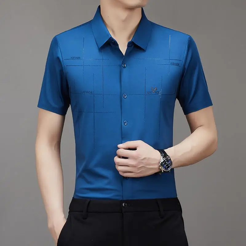 Men\'s Shirt Ice Silk Business Casual Shirt 2023 Summer New Men\'s Short Sleeve Shirt Scarless Shirt