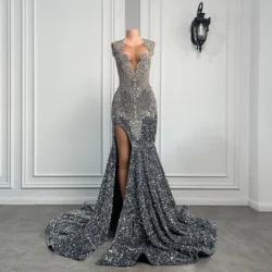 Long Sparkly Prom Dresses 2026 Sexy High Slit Luxury Diamond Silver Sequin Black Girls Mermaid Prom Dress