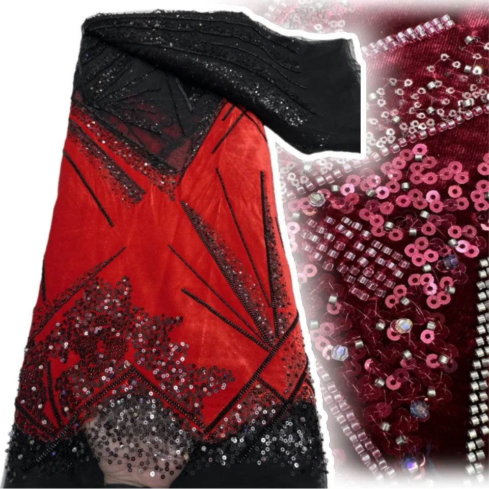 

Exquisite French Velvet Beaded Lace Fabric, 2026 Red African Groom Embroidered Sequined Fabric Wedding Party Dress Sewing 1956