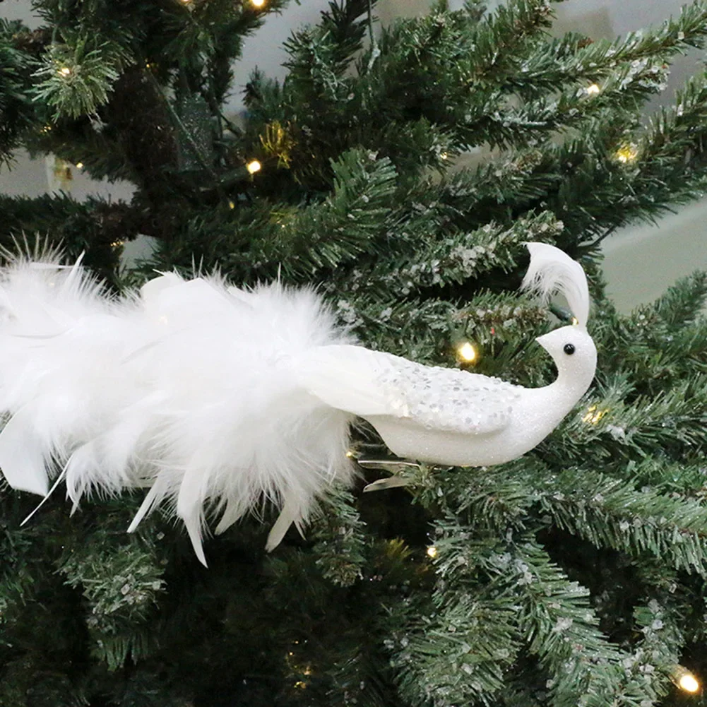 Artificial White Peacocks Feathered Christmas Ornament Simulation Birds Clip-On For Christmas Tree Wedding Decorations-Pendant