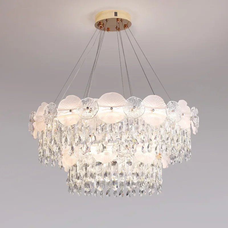 

GHEUVNJ The main light in the living room is modern, simple, and high-end crystal pendant light in dining room is cream style