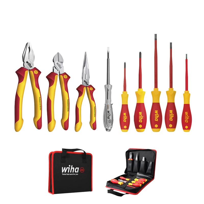 Wiha 9 Pieces VDE Insulated 1000V Combination Pliers and Screwdrivers Tool Set with Bag No.90012C