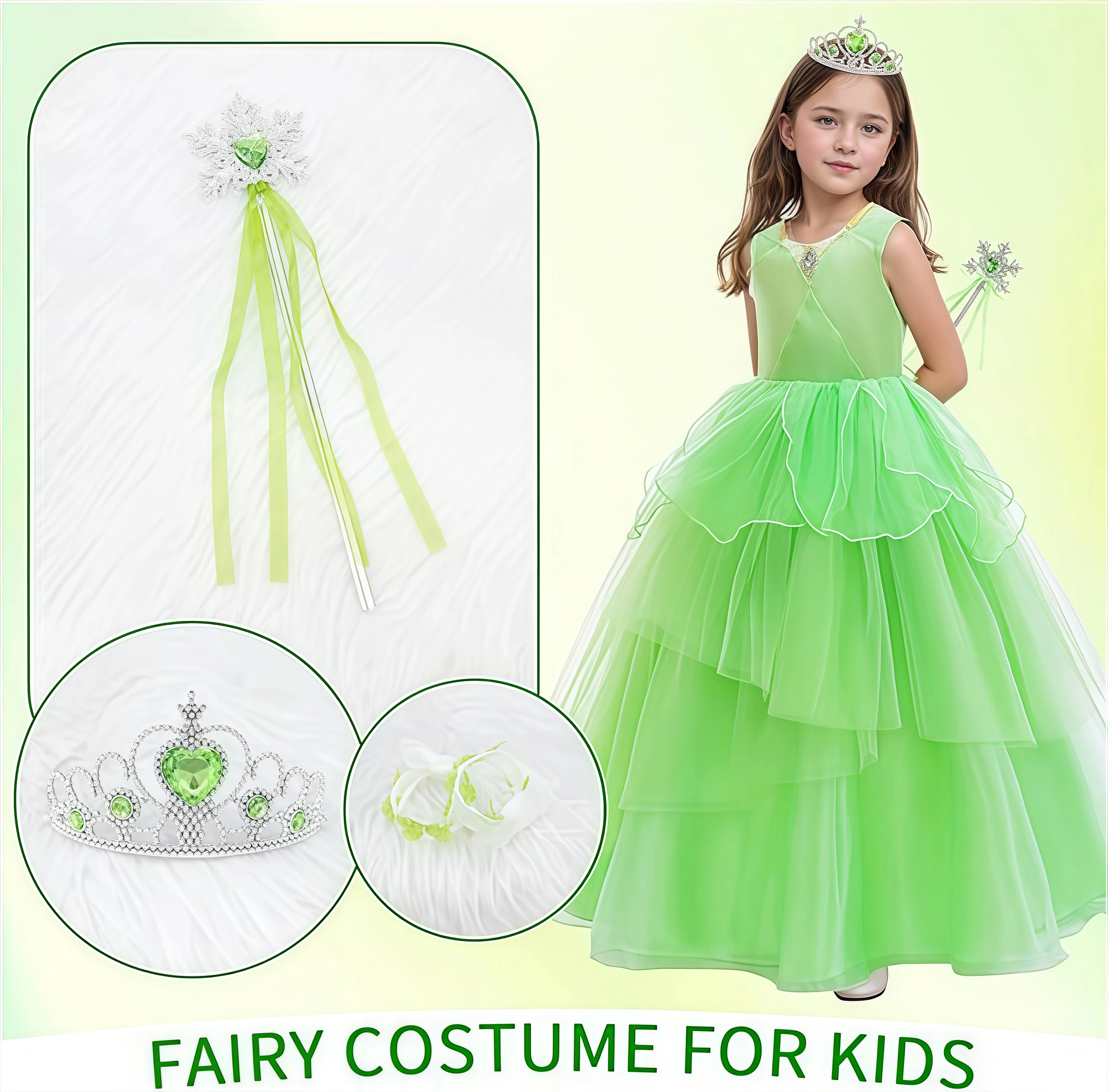 Disfraz de princesa elfo de Navidad para niñas y niños, vestido de hada de princesa con alas verdes y corona de varita para trajes de fiesta de cumpleaños