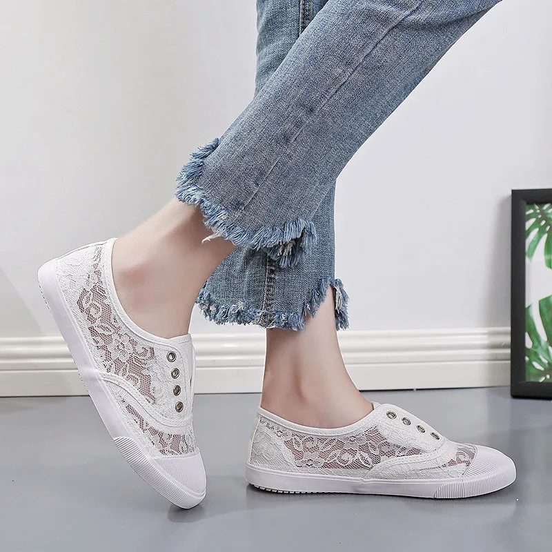 Fashion Lace White Canvas Shoes Women Summer Flats Hollow-Out Breathable Casual Women's Sneakers Slip On Female Loafers WSH5745 - view 5