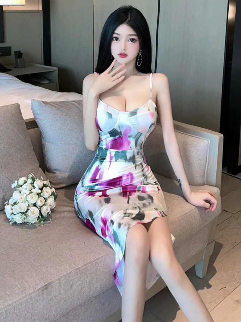 Nightclub Style Sexy Backless Sweet Floral Wrap Buttocks Long Dresses Elastic Low Cut Tight Fitting Mid Length Dress Elegant N0H