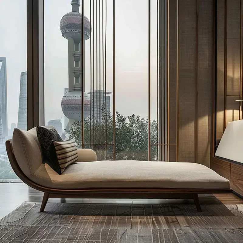 New Chinese-style Zen chaise longue, black walnut ash wood light luxury sofa bed, office hotel bed furniture