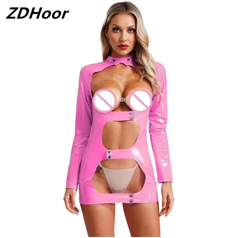 

Women Patent Leather Mini Dress Hollow Out Cut Out Wet Look Lingerie Mock Neck Long Sleeve Dress Couple Games Night Club Wear