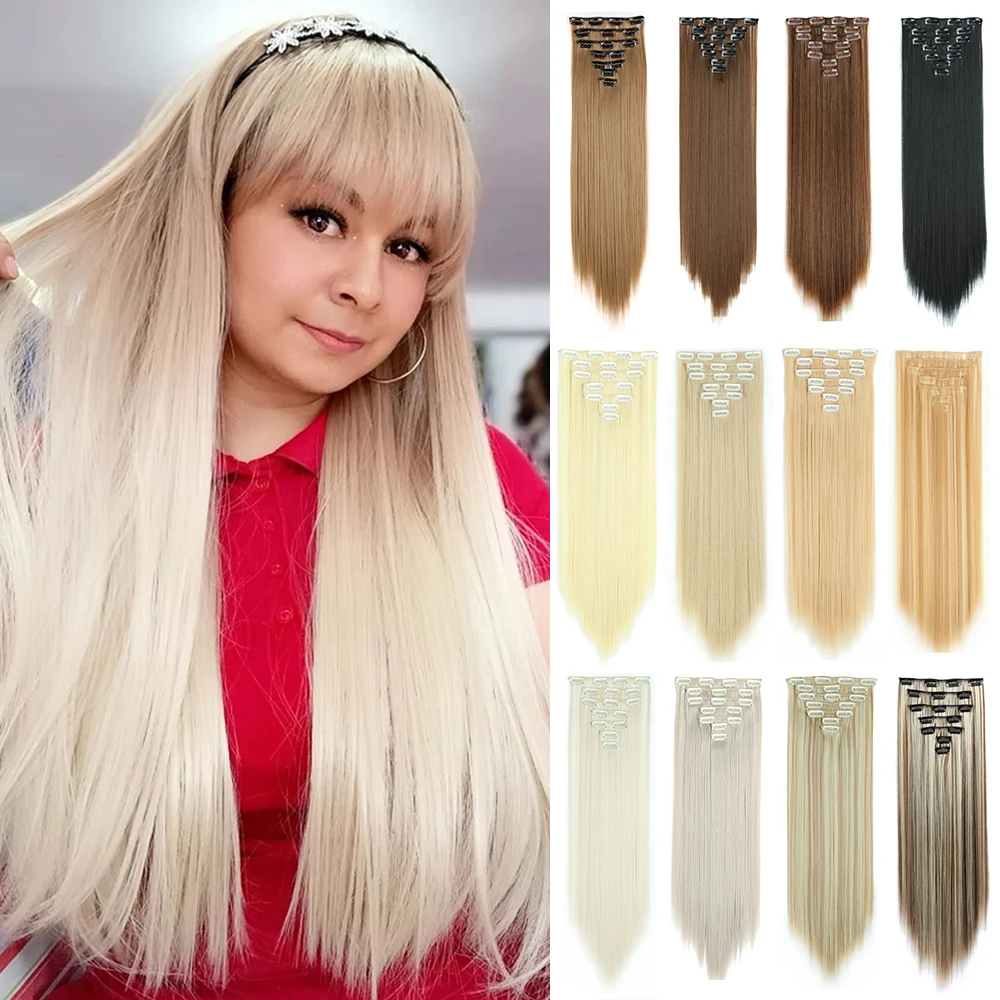 AZQUEEN Long Straight 16 Clip In Synthetic Hair Extensions 7Pcs/Set Natural Blonde Heat Resistant Hairpieces For Women