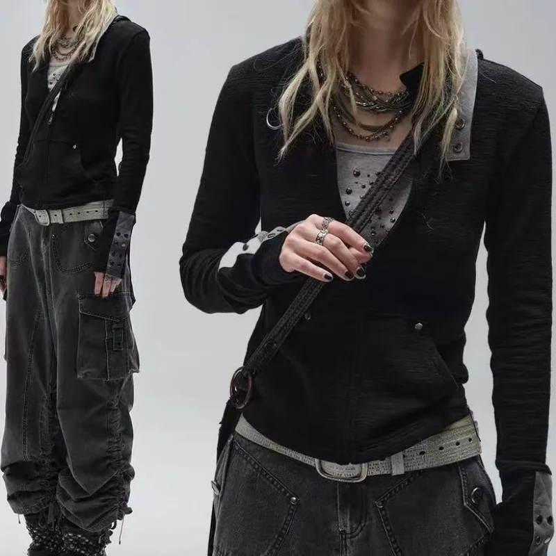 

Stand Collar Metal Ring Lace-up Black Long-sleeved T-shirt Women 2025 Autumn New High Street Rivet Stitching Slim Zipper Tops