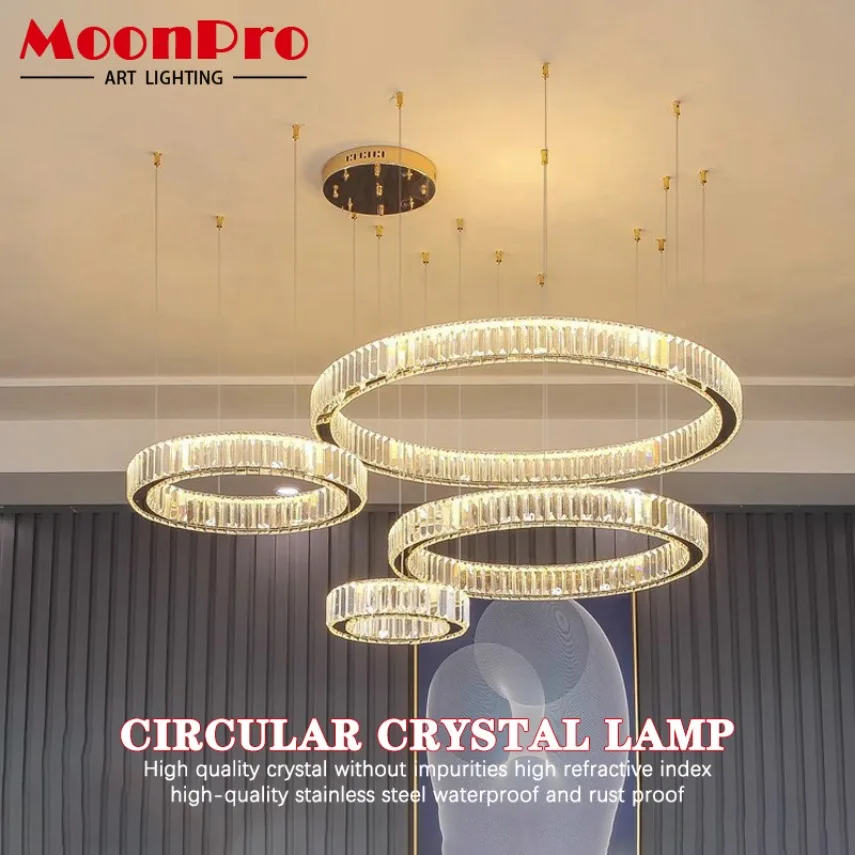 

LED Crystal Ceiling Pendant Lamp Luxurious Circular Dining Room Pendant Light Villa Living Room Lobby Interior Decoration Light