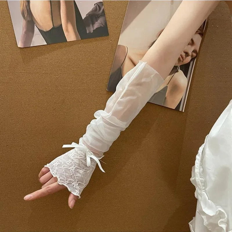 Harajuku Y2K Hot Girls Long Fingerless Hand Gloves Women Sexy Sheer Lace Tulle Spliced Bowknot Summer Sun Protection Oversleeves view 2