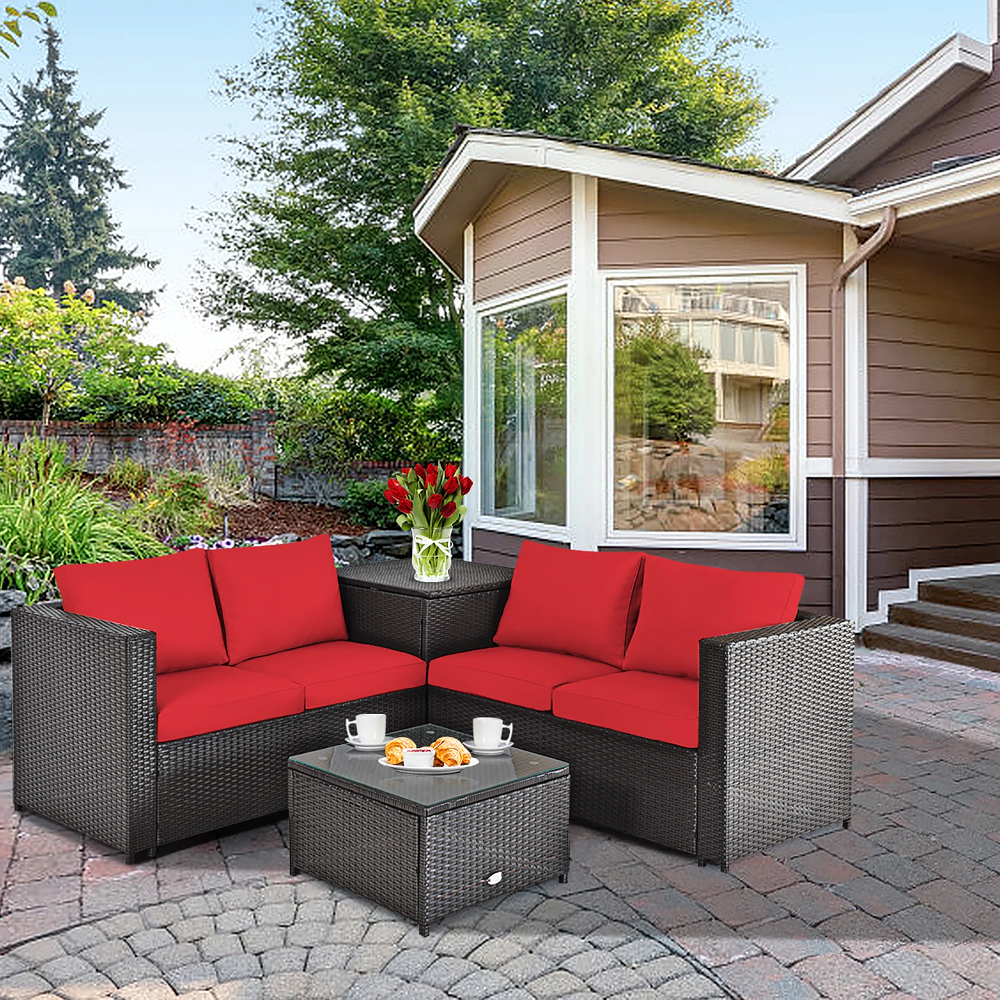 4PCS Outdoor Patio Rattan Furniture Set Cushioned Loveseat Storage Table Red