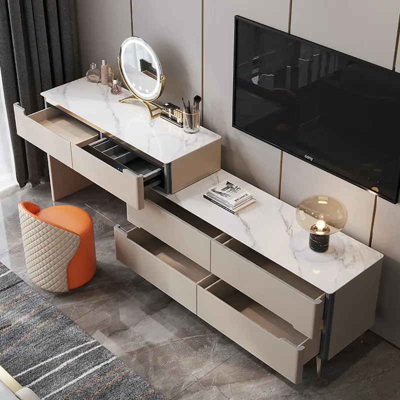 Solid wood saddle skin rock slab multi-function retractable bedroom makeup table TV cabinet integrated cabinet combination